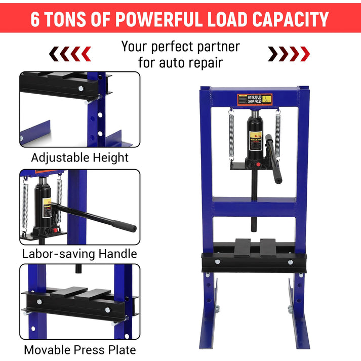 Garvee Prensa Hidráulica 6 T H-Frame Ajustable con Placas para Taller, Reparación Automotriz, Acero, Uso en Garaje, Azul