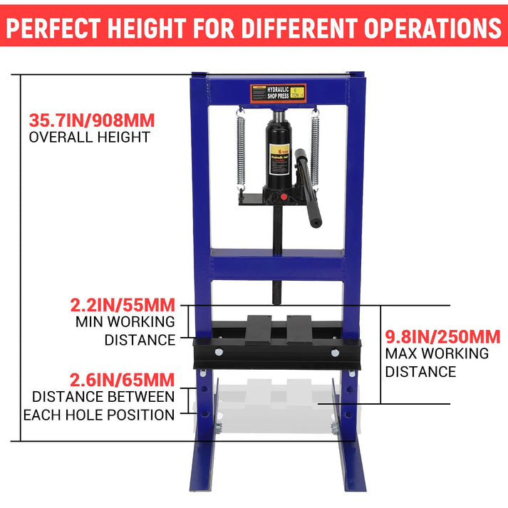 Garvee Prensa Hidráulica 6 T H-Frame Ajustable con Placas para Taller, Reparación Automotriz, Acero, Uso en Garaje, Azul