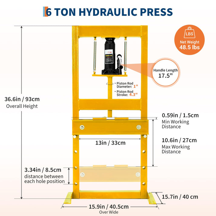 Garvee Prensa Hidráulica de Taller 6 Ton H-Frame Acero Ajustable para Metalurgia y Garage, 6-20 Ton, Negro